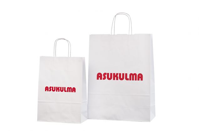 Kraftiga och h�llbara vita papperskassar. Kan skr�ddarsys med personlig logga. Leverans till Sveri