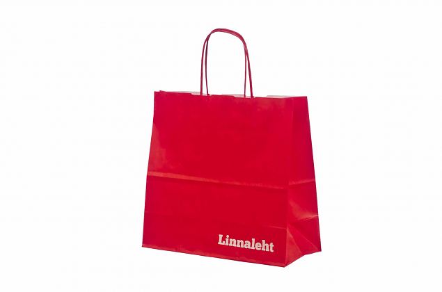 Kraftig och h�llbar r�d papperskasse. Kan skr�ddarsys med personlig logga. Minsta orderantal med p