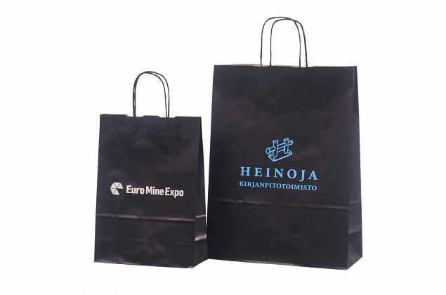 f�rdelaktig svart papperskasse med logotyptryck 