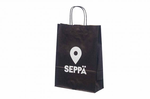 Kraftig och h�llbar svart papperskasse. Kan skr�ddarsys med personlig logga. Leverans till Sverige