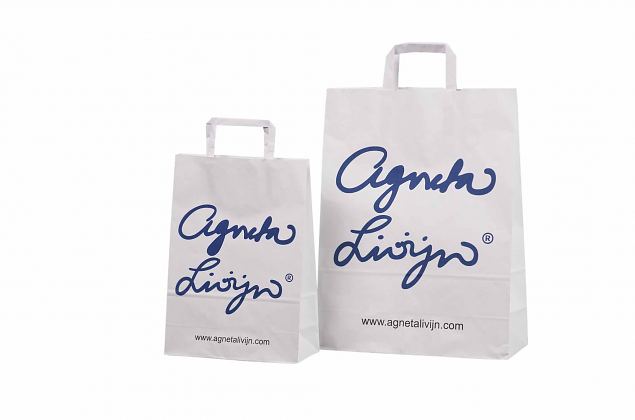 Nice looking white paper bag with flat handles. Available with personal print. Minimum order with 