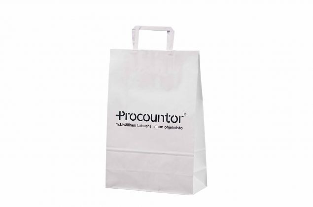 Elegant and well-designed white paper bag with flat handles. Choose from different sizes. Availabl
