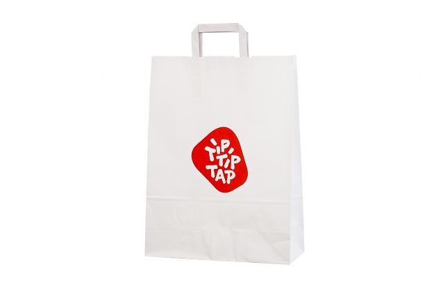 Elegant white paper bag with flat handles in high quality. Available with personal print. Several