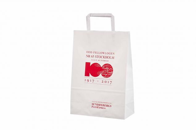 White paper bag with flat handles with personal logo. Includes free transport to Norway. Minimum o