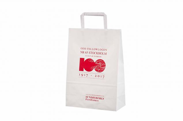 White paper bag with flat handles with personal logo. Includes free transport to Norway. Minimum o