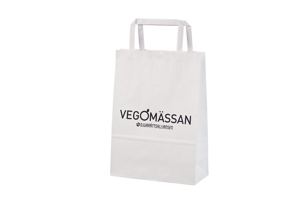 White paper bag with flat handles with company logo. Availab