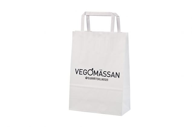 White paper bag with flat handles with company logo. Available in several sizes. Minimum order wit