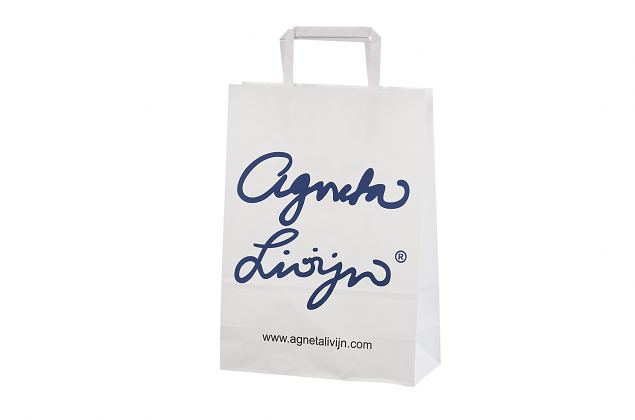 Strong, high-quality white paper bag with flat handles. Includes free transport to Norway. Availab