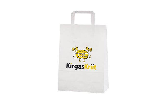 Sturdy and durable white paper bag with flat handles. Can be customised with personal logo. Minimu