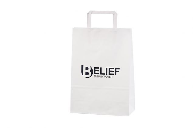Elegant white paper bag with flat handles in high quality. Available in several sizes. Transport t