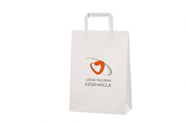 White paper bag with flat handles and company logo. Minimum order with personal print is 50 pcs. C