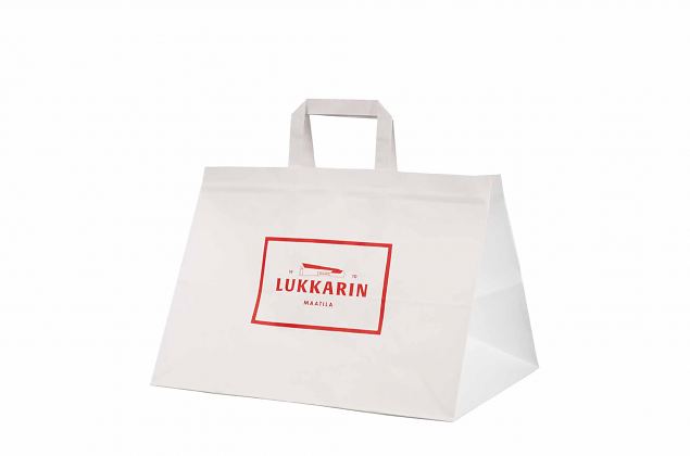 Kraftig och h�llbar take away papperskasse. Frakt till Sverige �r kostnadsfri. 