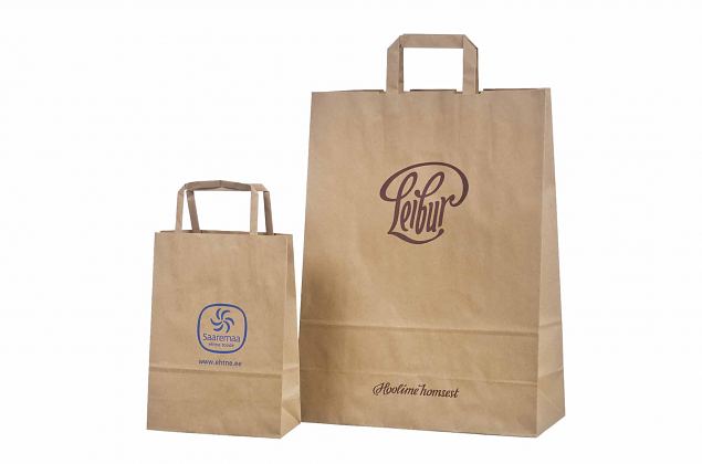 Billig miljvennlig papirpose med flat hank og logo 