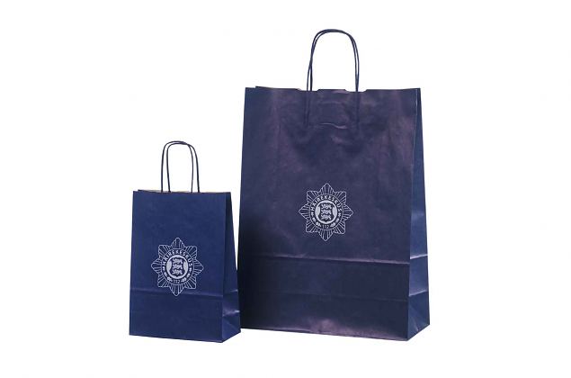 blue paper bag with print 