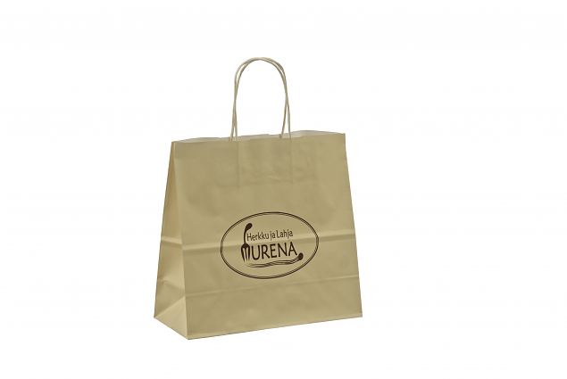 beige paper bags with print 