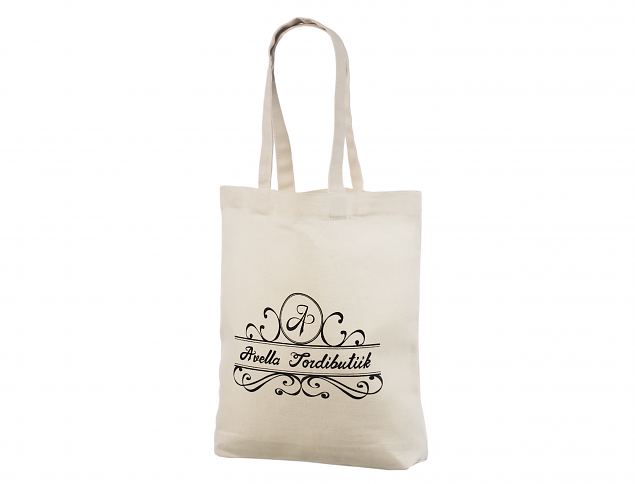 Natural color tote bags with company logo. Minimum order with personal print is 50 pcs. 