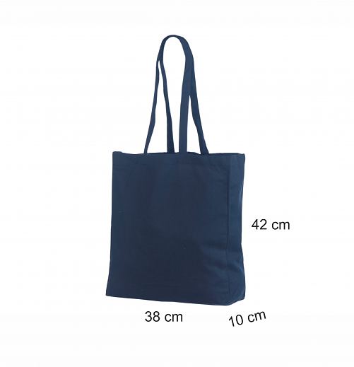 Tummansininen kangaskassi leve�ll� pohjalla ja pitkill� kannikkeilla